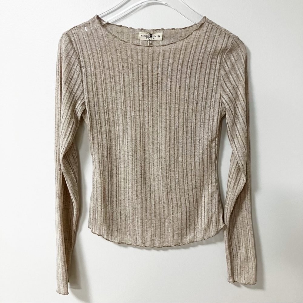 Natural Life | Tan Ribbed Long Sleeve Top M Boho Minimalist Neutral Whimsy
